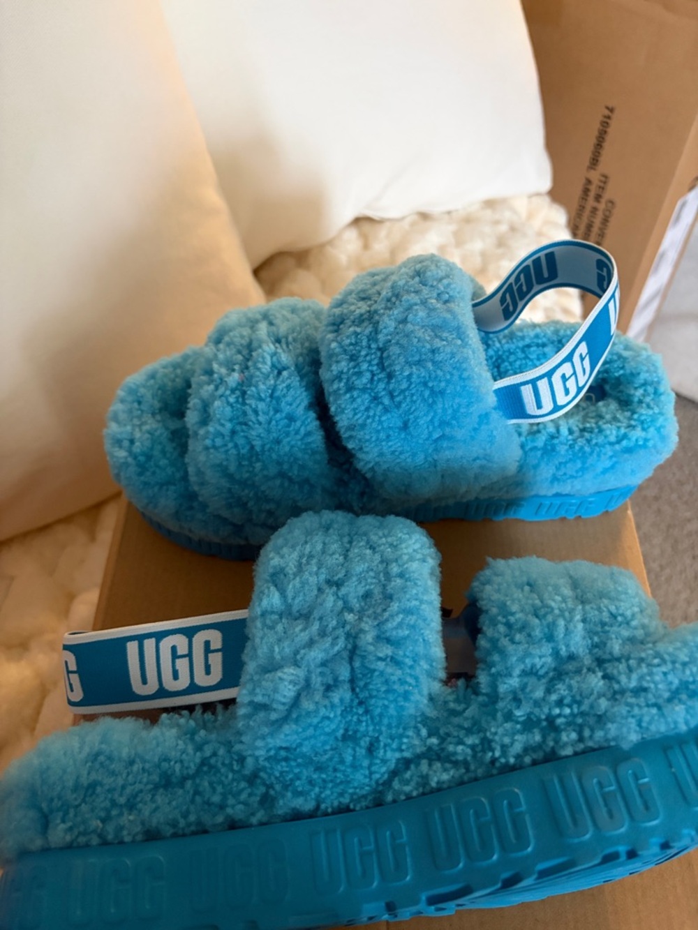UGG Fluff Slide Sandals in Aqua Blue Shearling
